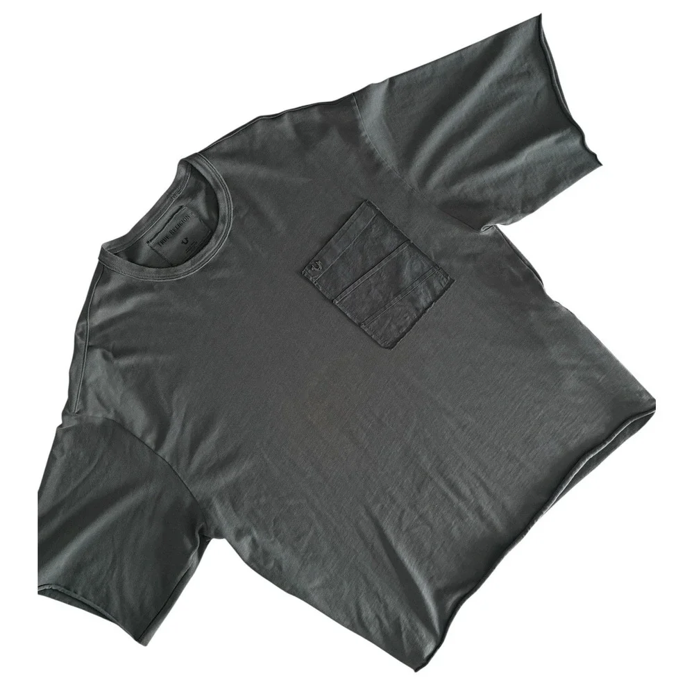 True Religion Men Varsity Tee Pullover Taupe XL Pocket Side Zip‎ Logo Streetwear